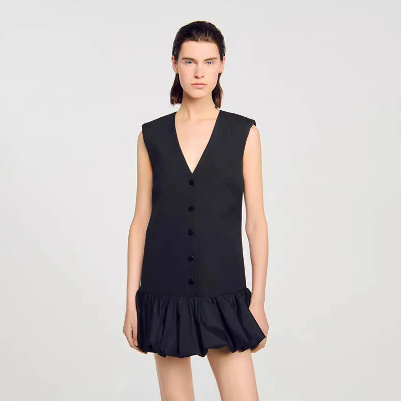 

Black Suit Style Low V-Neck Pleated Slim Fit Sleeveless Vest Dress Women's Early Autumn Fashion French Style Gown