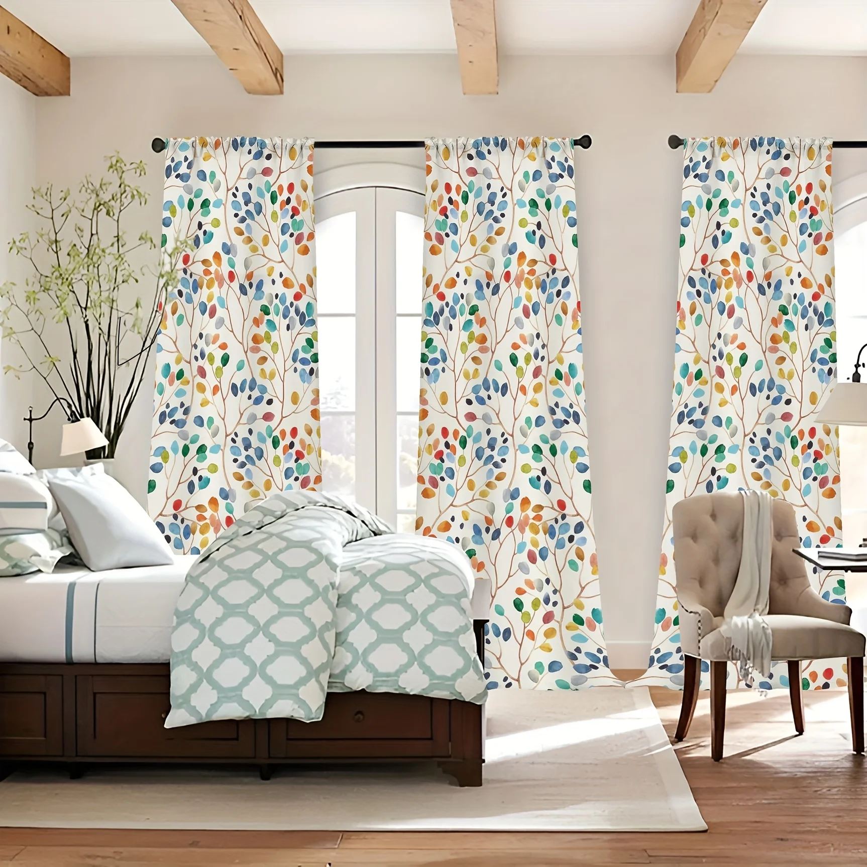 Large Multi Color Botanical Leaf Pattern Curtains Drapes Watercolor Design Window Room Decor for Living Room Bedroom Boho Chic H