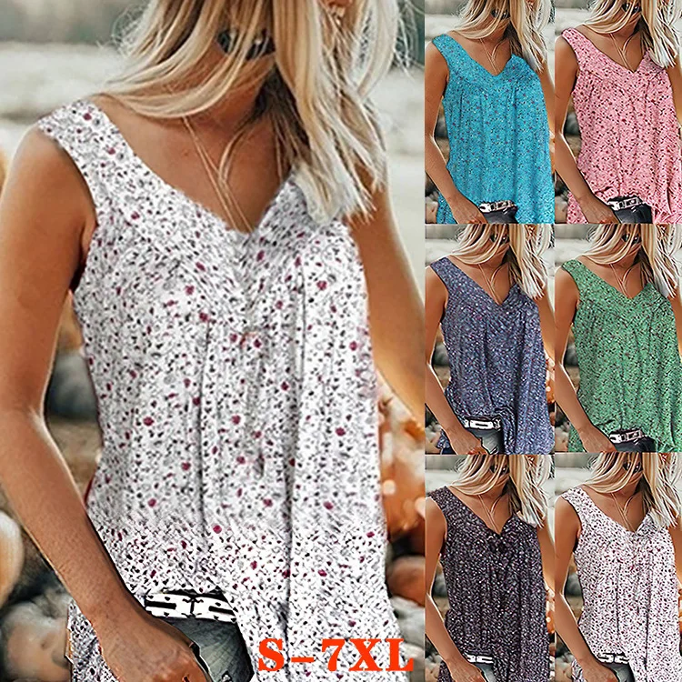

Summer Shirt Floral Vest Sleeveless Women's T-shirt Shirt women's V Neck Sleeveless Floral Print Loose Vests Dropshipping