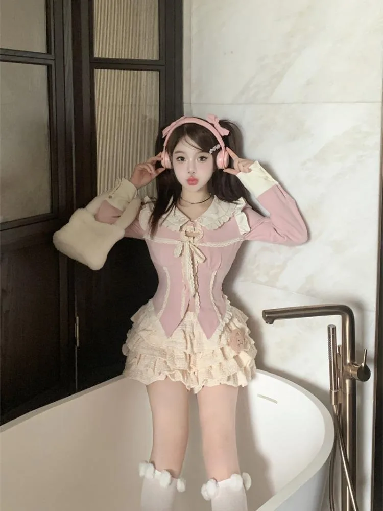 

Sweet Pink Peter Pan Collar Slim Waist Long Sleeve Shirt Women+ 2025 New High Waist Ruffles Cake Skirts Two Piece Sets
