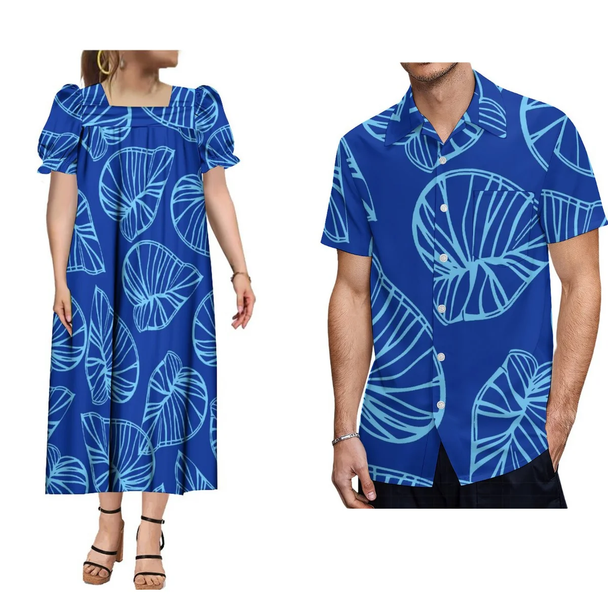

Mumu Women'S Dress Summer Puffed Sleeve Short Sleeve New Design Polynesian Couple Dress Tribal Ethnic Floral Print