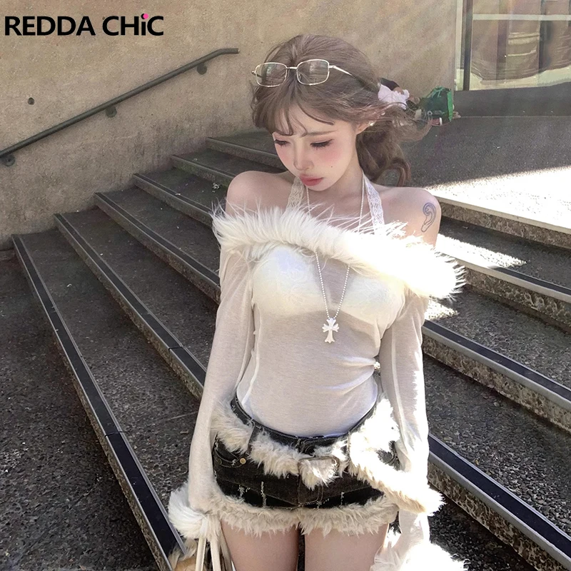 

REDDACHiC Winter Fuzzy Women Denim Shorts with Belt Faux Fur Low Rise Brushed Backside Destroyed Bootypants Retro Y2k Streetwear