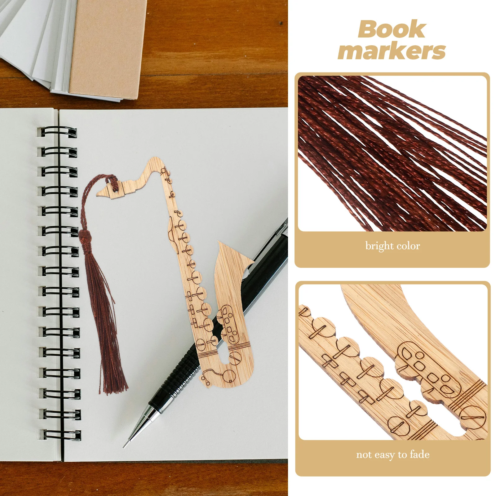 

4Pcs Bamboo Bookmarks Saxophone Shape Decorative Tassel Design Lightweight Reading Book Page Markers Gifts