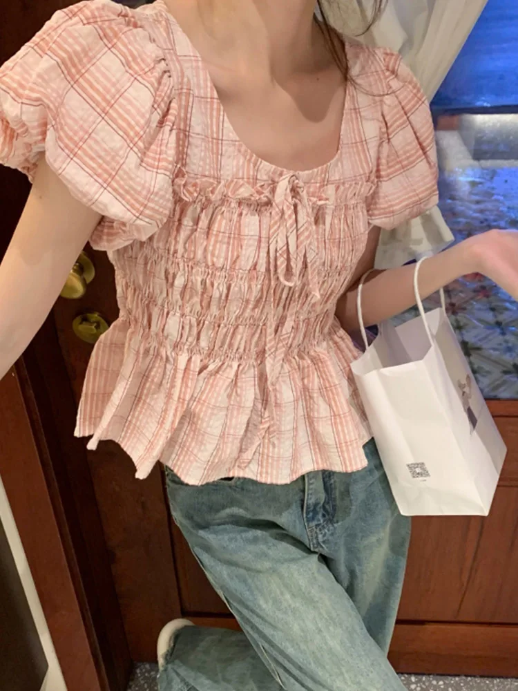 Korean Fashion Square Collar Printing Chiffon Tops Skinny All-match Ladies Elegant Puff Sleeve Tee Summer 2024 Women's Clothing