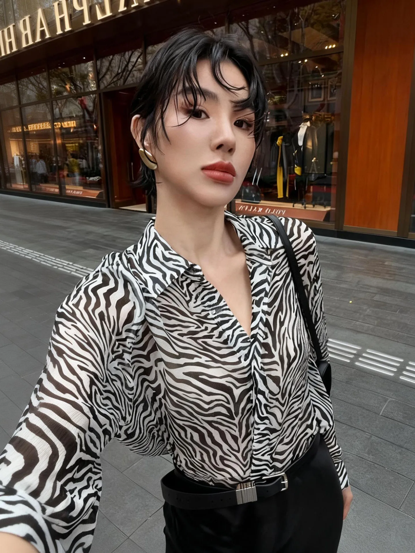 

Ele Vintage Zebra Print Long Sve Loose Women's irt Stand Collar Slimming Commute Top Spring 2026 Faion Trend