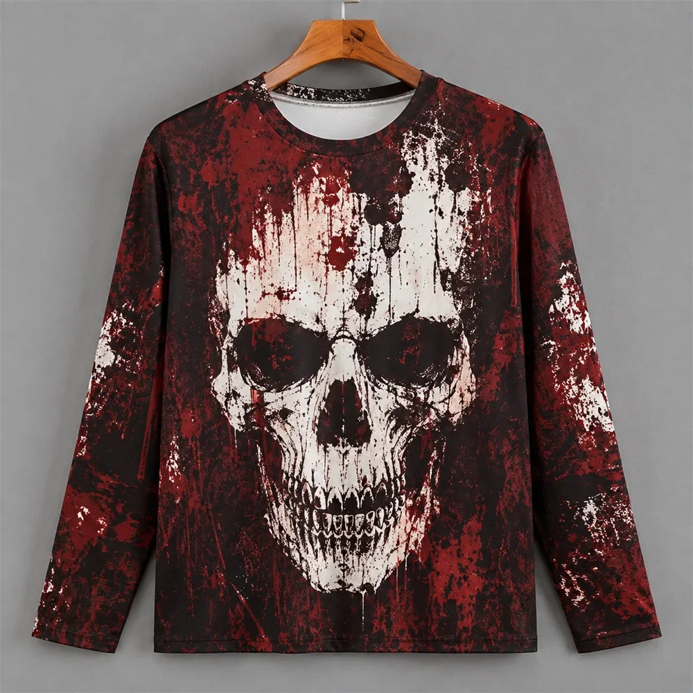 3D Print Horror Red Blood Stains Pattern Halloween Long Sleeve T Shirt For Men Vintage Halloween Party Personality OOTD Tee Top view 5