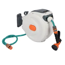 Retractable Garden Hose Reel Free Standing Wall Mount with Sprayer Nozzle Any Length Lock Slow Return 180° Swivel 10m