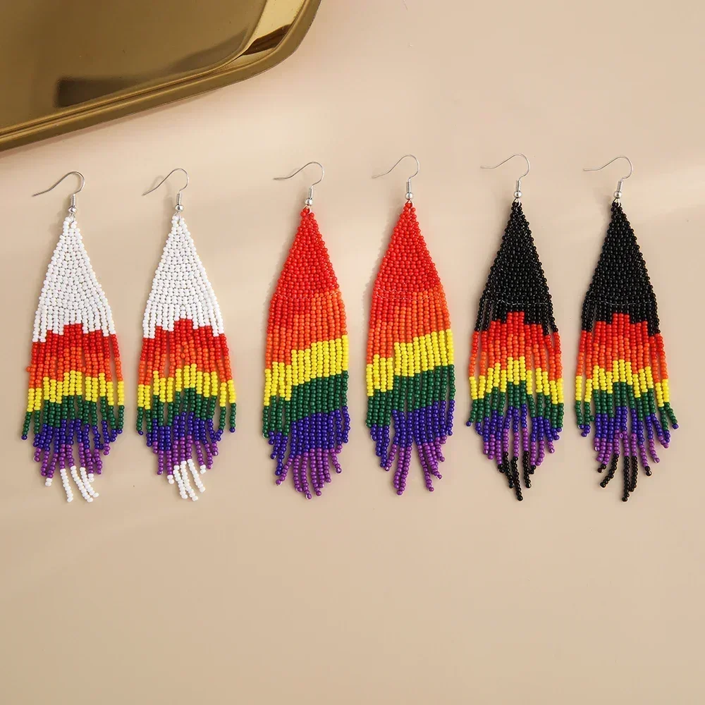 ZGMXR Rice bead earrings Tassel Rainbow Gradient color Hand knitting Bohemia Alloy Fashion Simple Design Female Beaded earrings