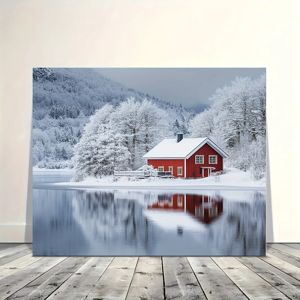 1.5 inch thickness, upholstery artwork, home decor, Winter Wonderland canvas wall art, red house reflection in snow