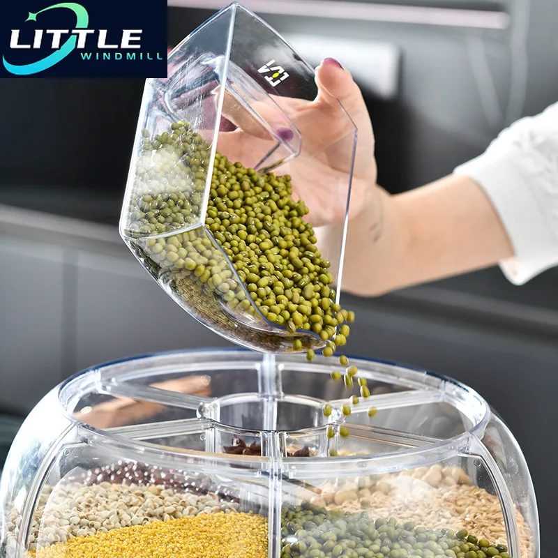 360 Degree Rotating Rice Dispenser Sealed Dry Cereal Grain Bucket Dispenser Moisture-proof Kitchen Food Container Storage Box