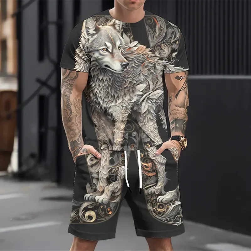 2025 Latest Men's Daily Leisure Sports Set Fashion Printed 3D Wolf Pattern T-shirt Shorts Set Summer Leisure Breathable