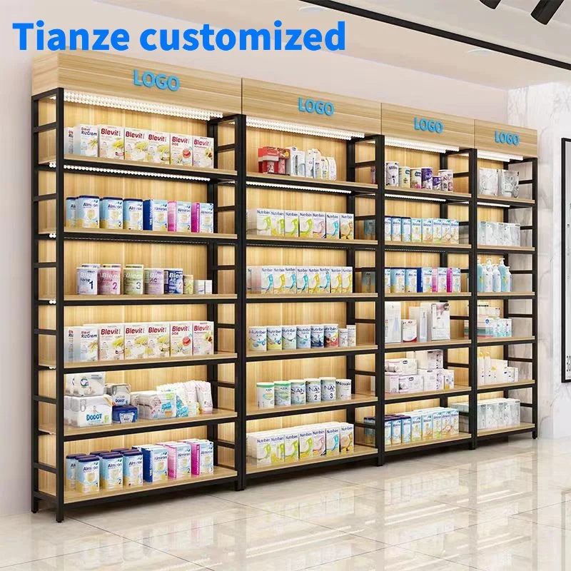 

（customized）Hot Sale Flat Pack Wooden Shelf Retail Stores Display Furniture Metal Adjustable Cosmetics Display Shelving