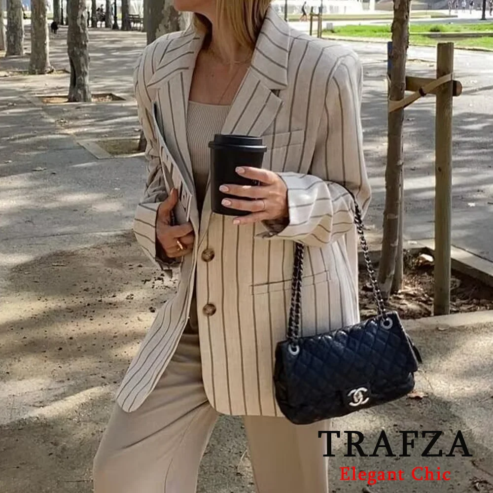 

TRAFZA Lady Commute Or High Street Striped Blazer Women's Single-breasted Slim Blazer 2025 Spring Fashion Simple Modern Blazer