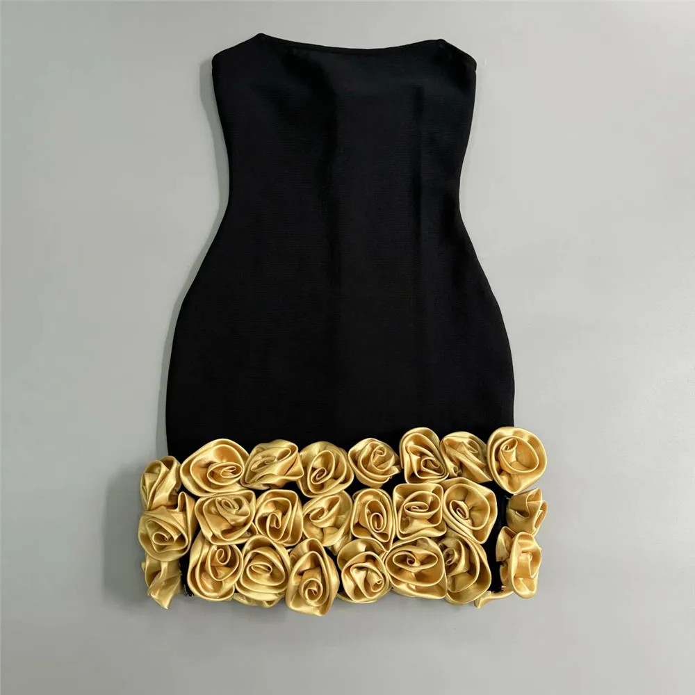 Women Elegant Bandage Dress New Arrival Fashion Gold Flowers Sexy Bodycon Clothes Club Party Strapless Dresses