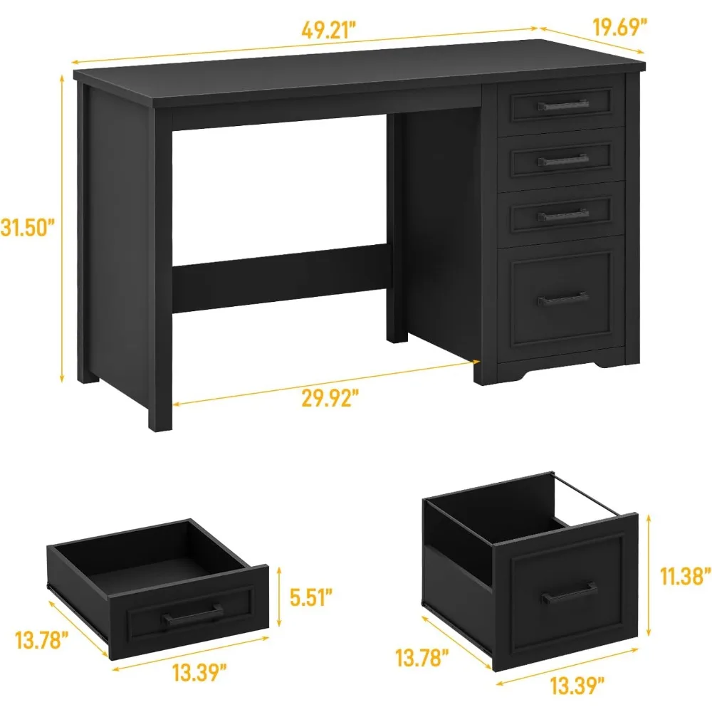 مكتب تنفيذي مقاس 49 بوصة مع درج ملفات، مكتب كمبيوتر قابل للعكس مكون من 4 أدراج مع مساحة تخزين، محطة عمل للكتابة المنزلية الريفية للمنزل