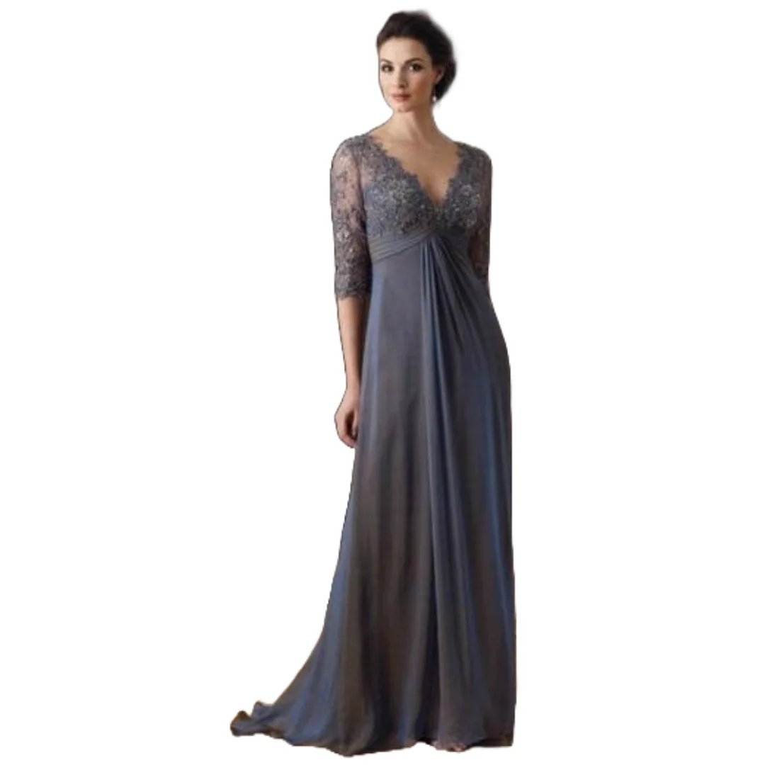 Customized Empire Waist Mother of the Bride Dress Sheer Lace Sleeve V-Neckline Elegant Floor-Length Chiffon Evening Gown Grey