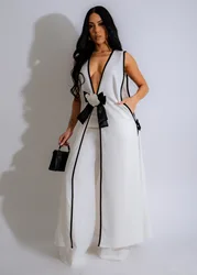 Summer Outfit Women Sexy Deep V-Neck Bow Loose Sleeveless Long Vest And Wide Leg Pants Set Casual Two Piece Sets Party Women Set