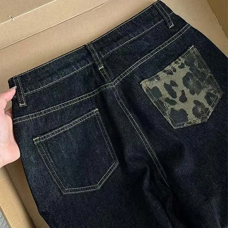레트로 레오파드 프린트 여성용 청바지 가을 패션 와이드 레그 팬츠 Y2K 걸 하이웨이스트 루즈 스트레이트 팬츠 캐주얼 데님 바지
