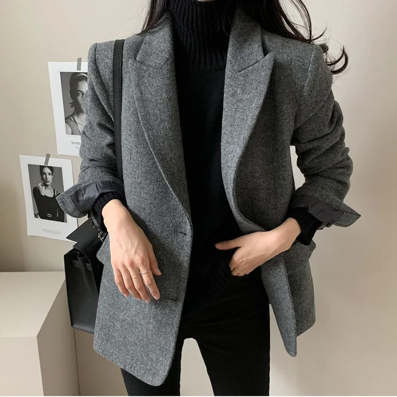 Vintage Hong Kong Style Chic Striped Woolen Suit Jacket Women's Spring Autumn Long Sleeve Casual Western-style Clothes Top