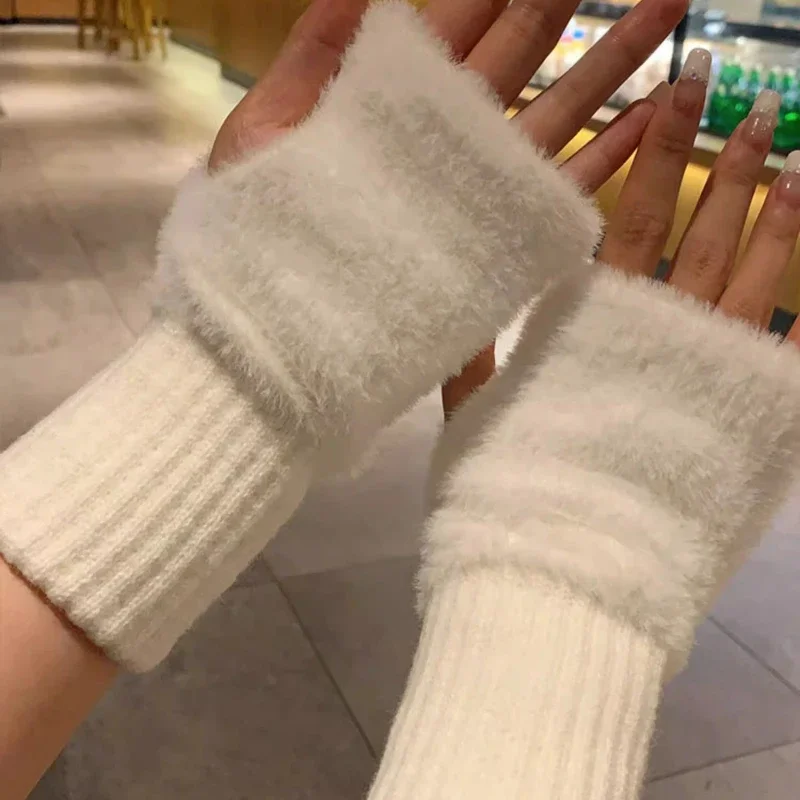 Manoplas de piel de conejo de invierno para mujer, guantes cálidos para niñas, lindos guantes de felpa sin dedos, manoplas cálidas gruesas, guantes