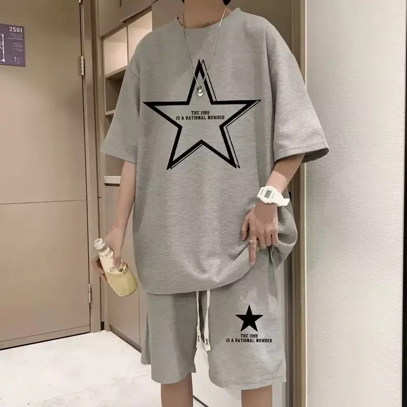 new Summer Tshirt Set Men star Printing Pure Cotton Tracksuit 2 Piece Sets Outfits Man Sportswear Hip Hop Streetswear S-5XL