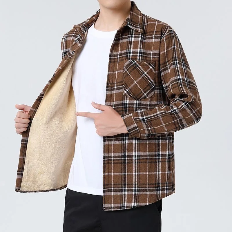 Winter New Fashionable Trendy Plush Thickened Warm Checkered Shirt for Men's Casual Loose Sports Large Size Long Sleeve Shirt
