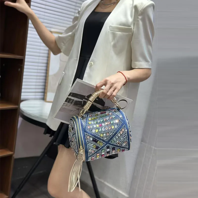 

Washed Bucket Bag Denim Colored Diamond Handbags Cylinder Round Shoulder Crossbody Bags Soft Neutral Minimalist Style Travel Bag