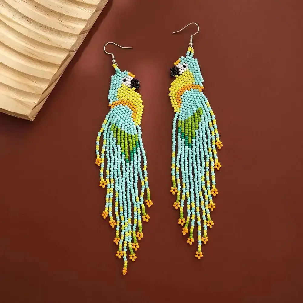 Beaded earrings Tassel Parrot Design Originality Hand knitting Bohemia Alloy Tide Simple Female Rice bead earrings