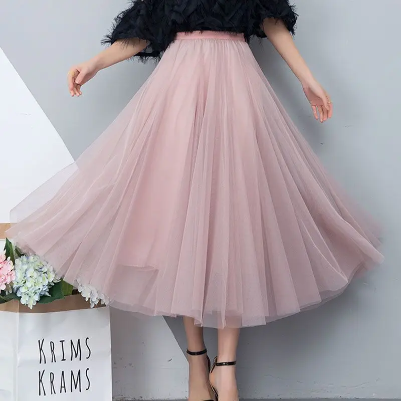 Solid Color Pleated Mesh Skirt Women Korean Four Seasons A-line Skirt Mid-length Versatile Fairy High-waisted Large Hem Skirt