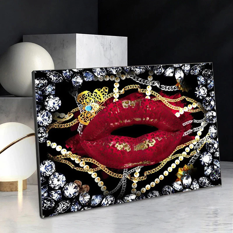 

Red Lip Luxury Jewelry Gold Art Painting Canvas Wall Art Poster And Prints Fashion Wall Pictures For Living Room Home Decor