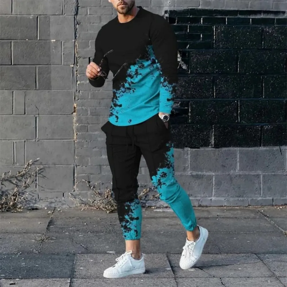 

Personalized Men's New Stripe Splicing Printed Breathable Round Neck Thsirt Pants Set Outdoor Hiking Leisure Set