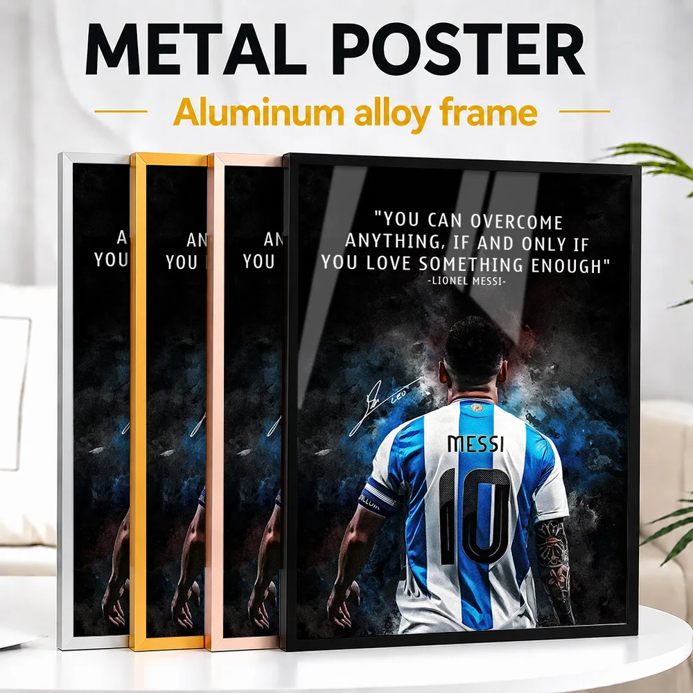 Affiche en métal aluminium encadrée avec citation inspirante de Lionel Messi, photo personnalisée, style typographie audacieuse, décoration murale pour salon