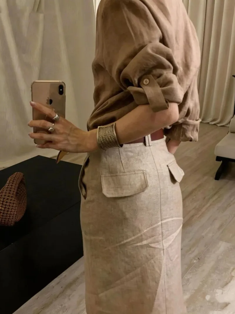 New Summer Split Straight Midi Skirt Women Casual High Waist Solid Color A-line Summer Office Lady Elegant Skirts Khaki Jupe