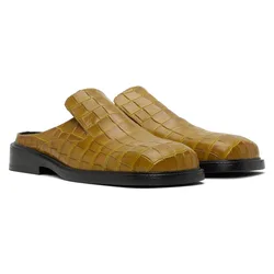 Plaid Square Toe Casual Flat Shoes Half Slippers British Style Genuine Leather Man Shoes Slip-on Summer Comfortable Loafers