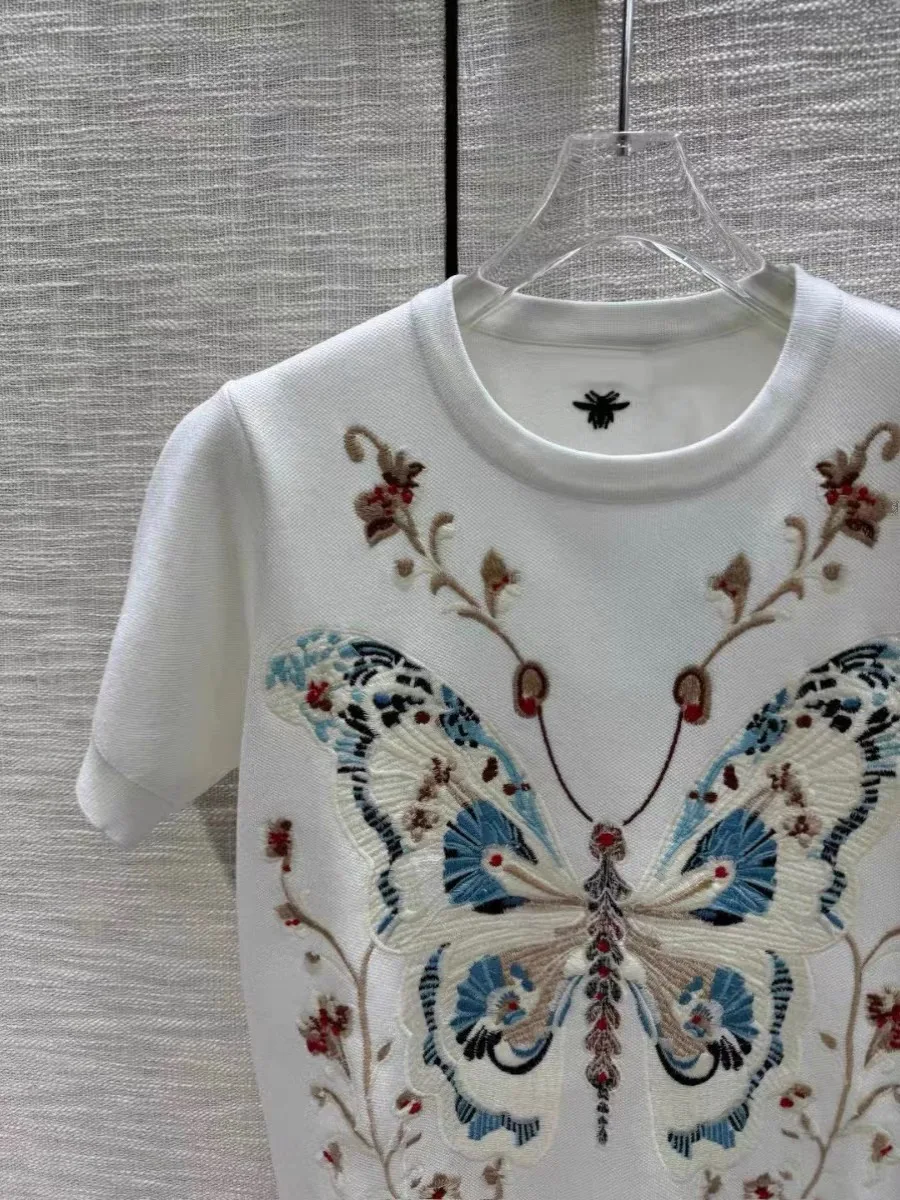 女性用フローラルバタフライ刺繍セーター、ニットTシャツ、Oネックトップ、半袖knitwear、ヴィンテージTシャツ、春、夏、ニュー、2024