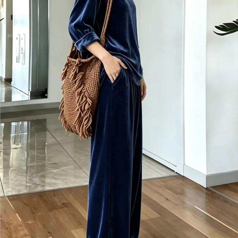 New Gold Velvet V-neck Long-sleeved Tops 2 Piece Set Women Loose Wide-leg Pants Fashiona Temperament Female Office Trousers Suit