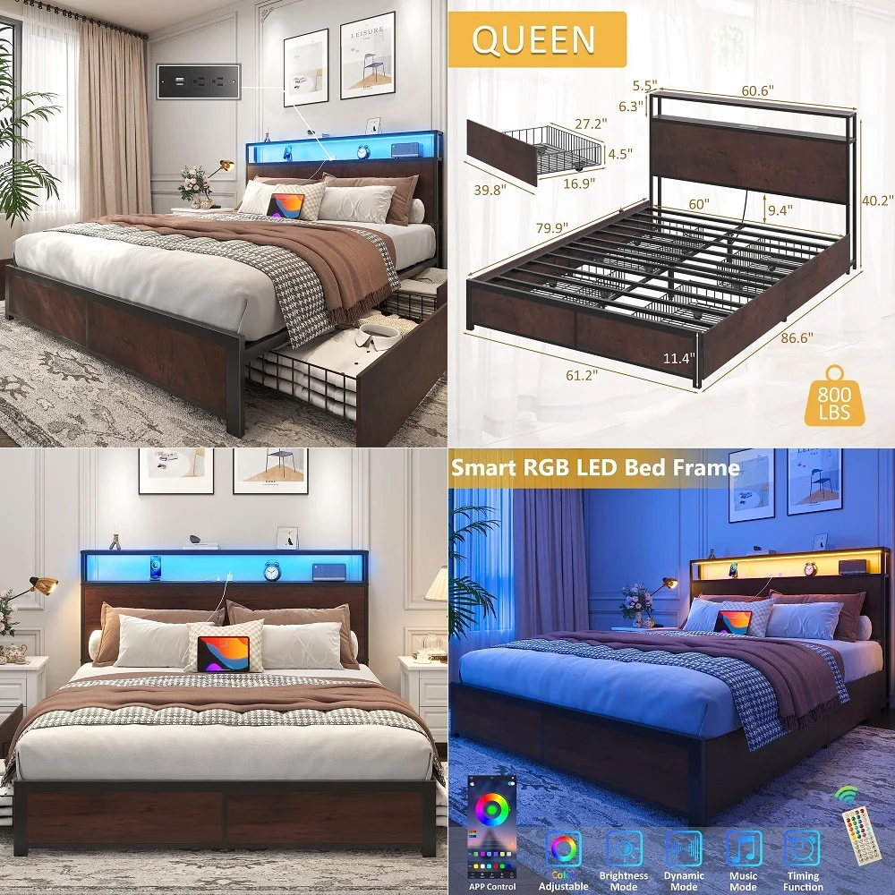 

Queen Bed Frame with 4 Drawers and Storage Headboard, Upholstered Platform Bed Frame Queen Size with LED Lights and Charging St