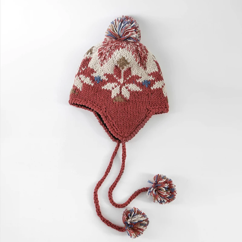 Women Earflap Hat Winter Knit Beanie Pompom Warm Soft Skiing Accessory For Autumn Outdoors Sports Cold Weather