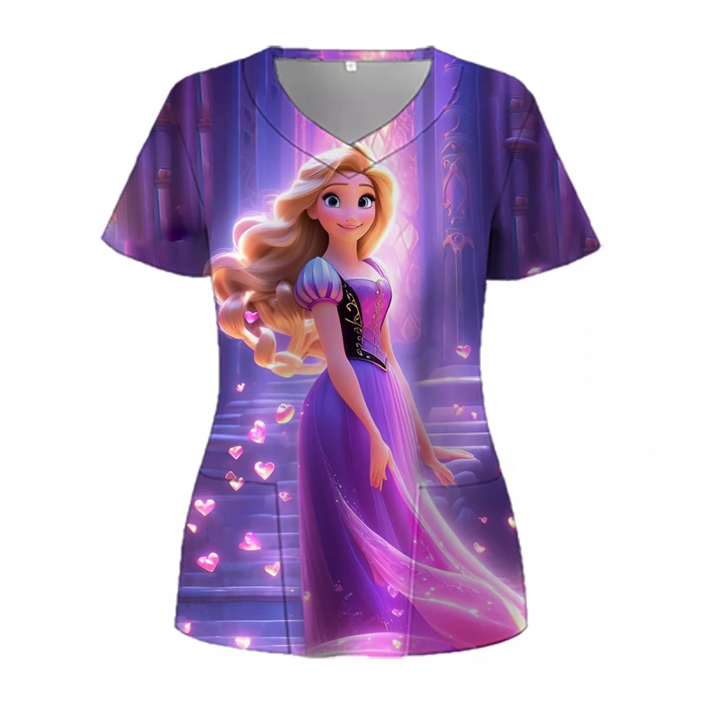 Women Working Uniform Disney Princess Print Frozen Elsa Short Sleeve V-neck Tops Femme Blouse Nurse work wear Medical Uniforms