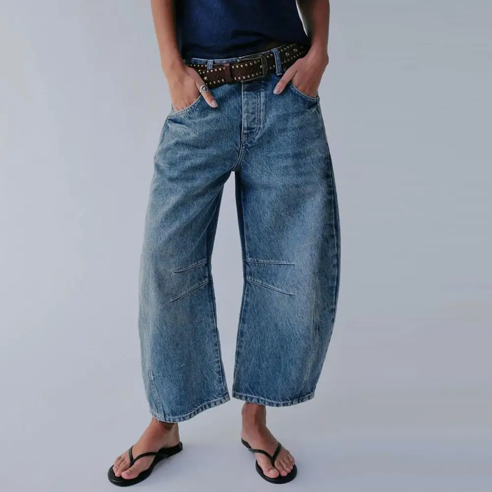 Women Mid-rise Straight Leg Jeans Women Denim Trousers Stylish Women's Wide Leg Jeans with Pockets Button Placket Loose