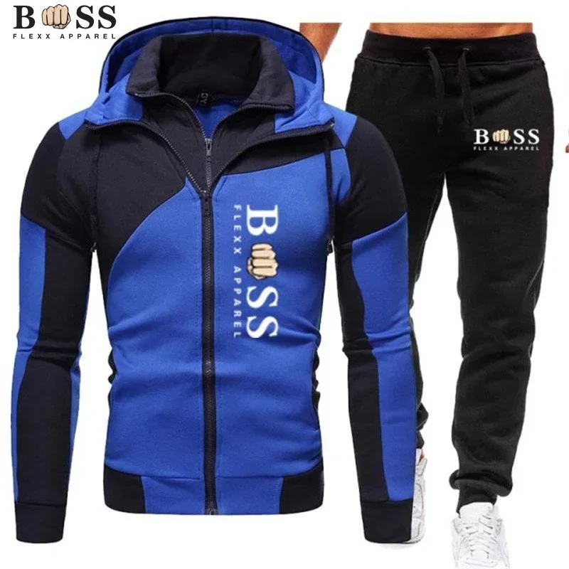 Męski strój sportowy fitness casual strój do joggingu strój outdoorowy bluza z kapturem na zamek + czarne spodnie dresowe moda wiosenna nowa odzież uliczna S-3XL