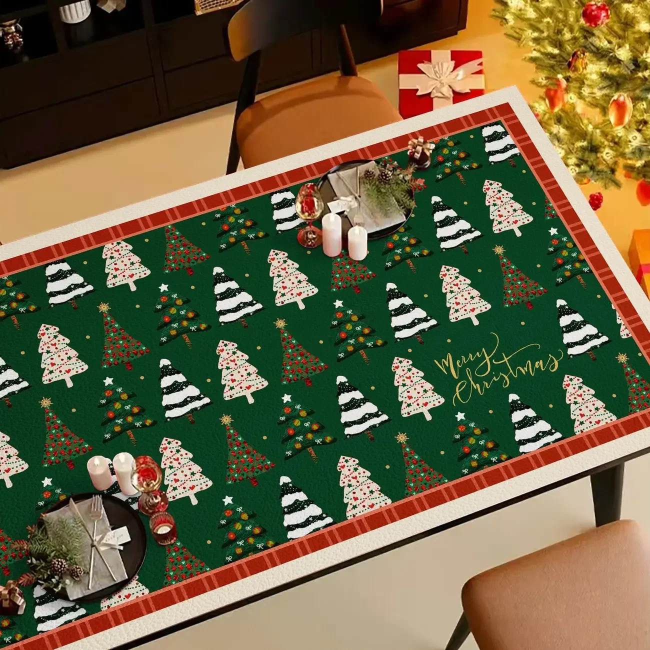 Christmas Red Green Plaid Tree XXL PU Leather Desk Mat | Waterproof Washable Makeup Vanity Pad for Dorm Keyboard Mouse