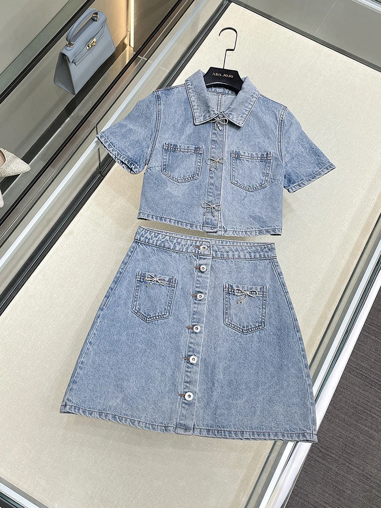 

Высококачественный женский джинсовый кардиган с узлом + юбкой, комплект ort Sve Collar, летний костюм из двух предметов Faion