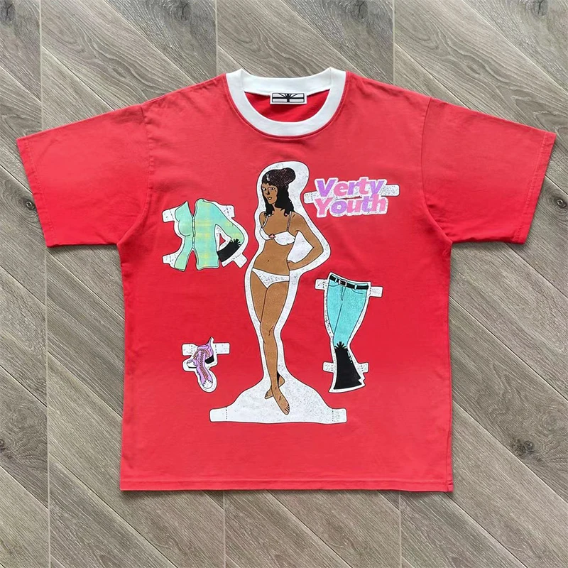 Vertabrae T-shirt Punk Style Cartoon Girl Print Contrasting Color Roundneck Pure Cotton Short Sleeve Men Women