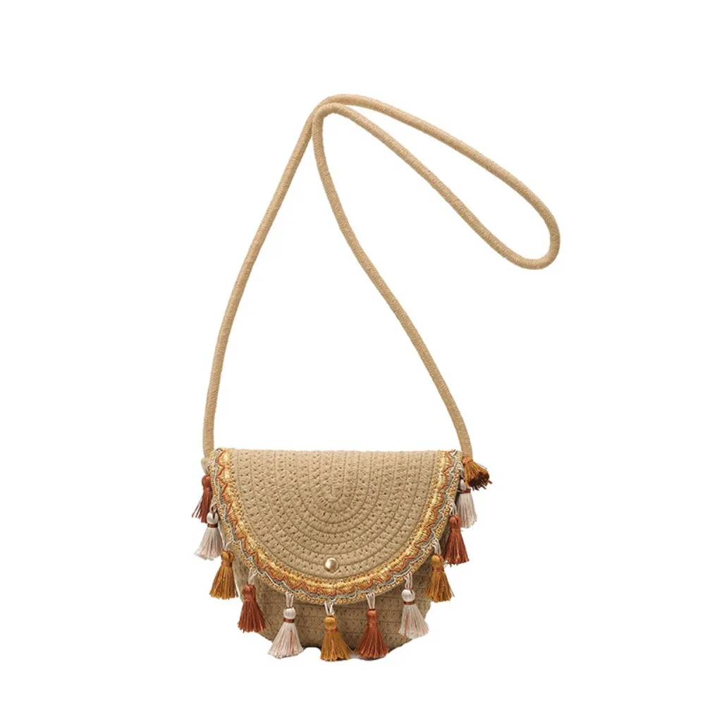 

Magnetic Button Straw Tassel Crossbody Bag Retro Embroidery Ethnic Style Woven Bag Breathable Polyester