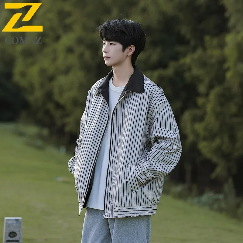 

COMXZ 2025 Men Reversible Stripe Jacket Big Size Casual Coat Spring Fashion Two Sides Wear Outerwear Trendy