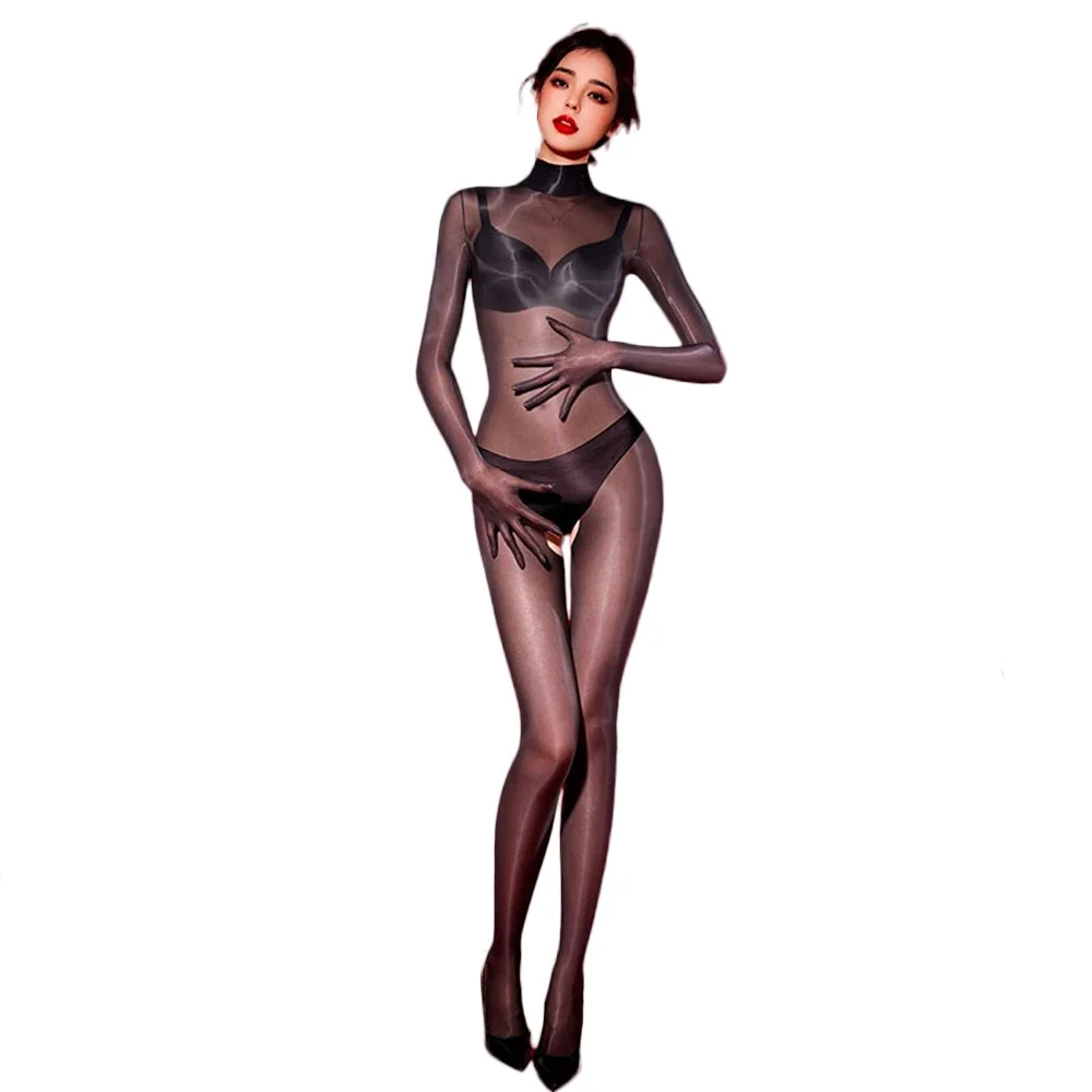 Sexy Women Home Yoga Bodysuit Oil Glossy Shiny Glove Open Crotch Shaping Tights Sheer See Through Cosplay Maid Leotard