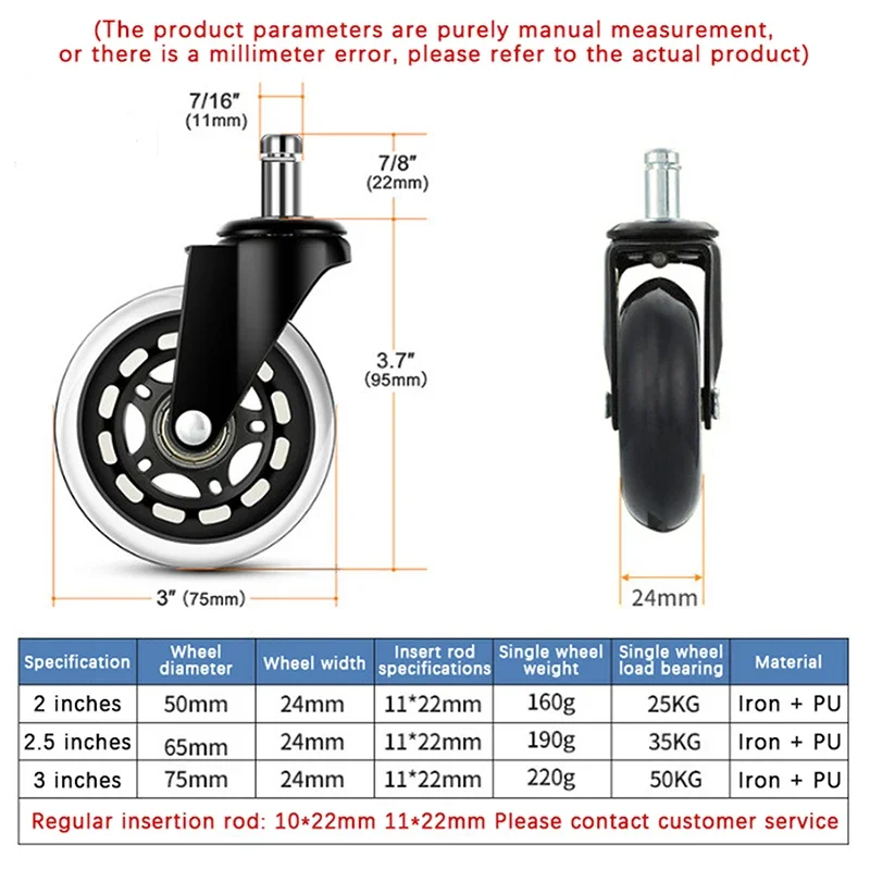 1Pcs 3" Rubber Office Chair Caster Wheels Heavy Duty & Safe For All Floors Including Hardwood Replacement For Desk Floor