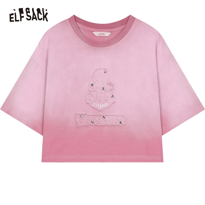 ELFSACK 2024 Summer New Arrivals Pink gradient rivet short sleeved T-shirt women\'s loose pure cotton short top