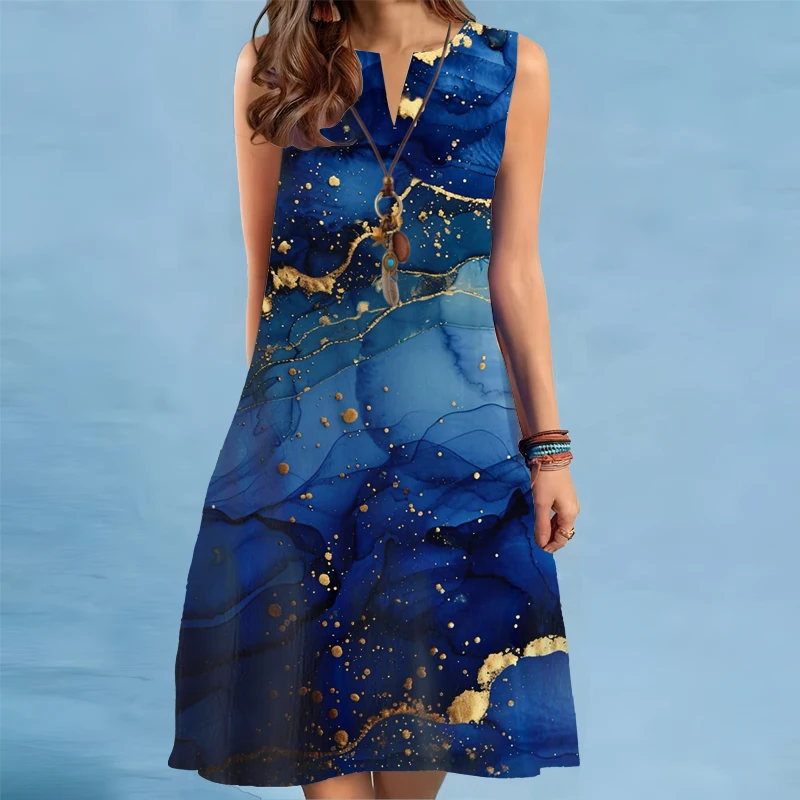 New Summer Print A-Line Dress Women Casual Sexy Sleeveless V-neck Loose Mini Dress Elegant Landscape Oil Painting Dress Vestidos